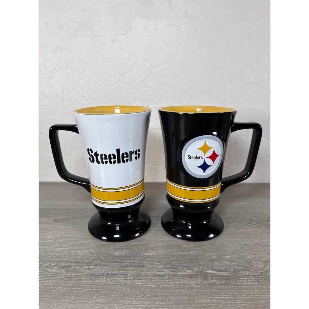 Set of 2 Pittsburg Steelers Tall Pedestal Ceramic Stemmed Coffee Mug Tea Cup NFL